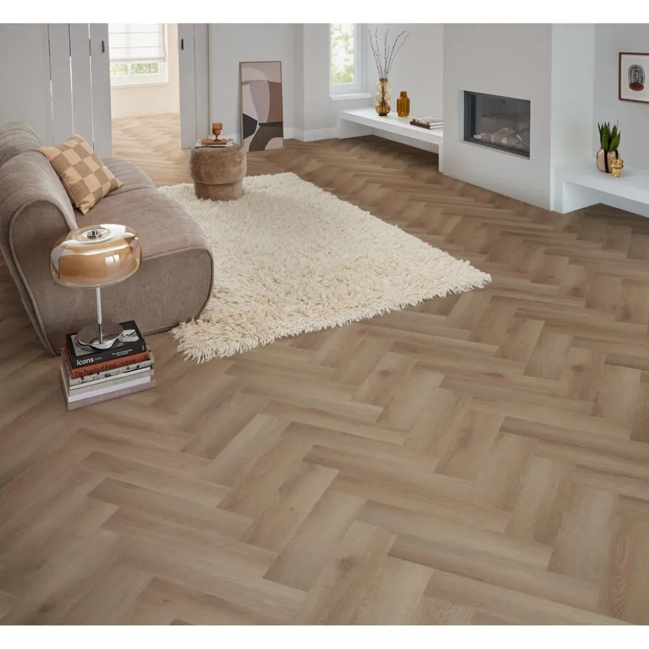 Plak PVC Camrose Beige Eiken Visgraat|Kwantum Discount